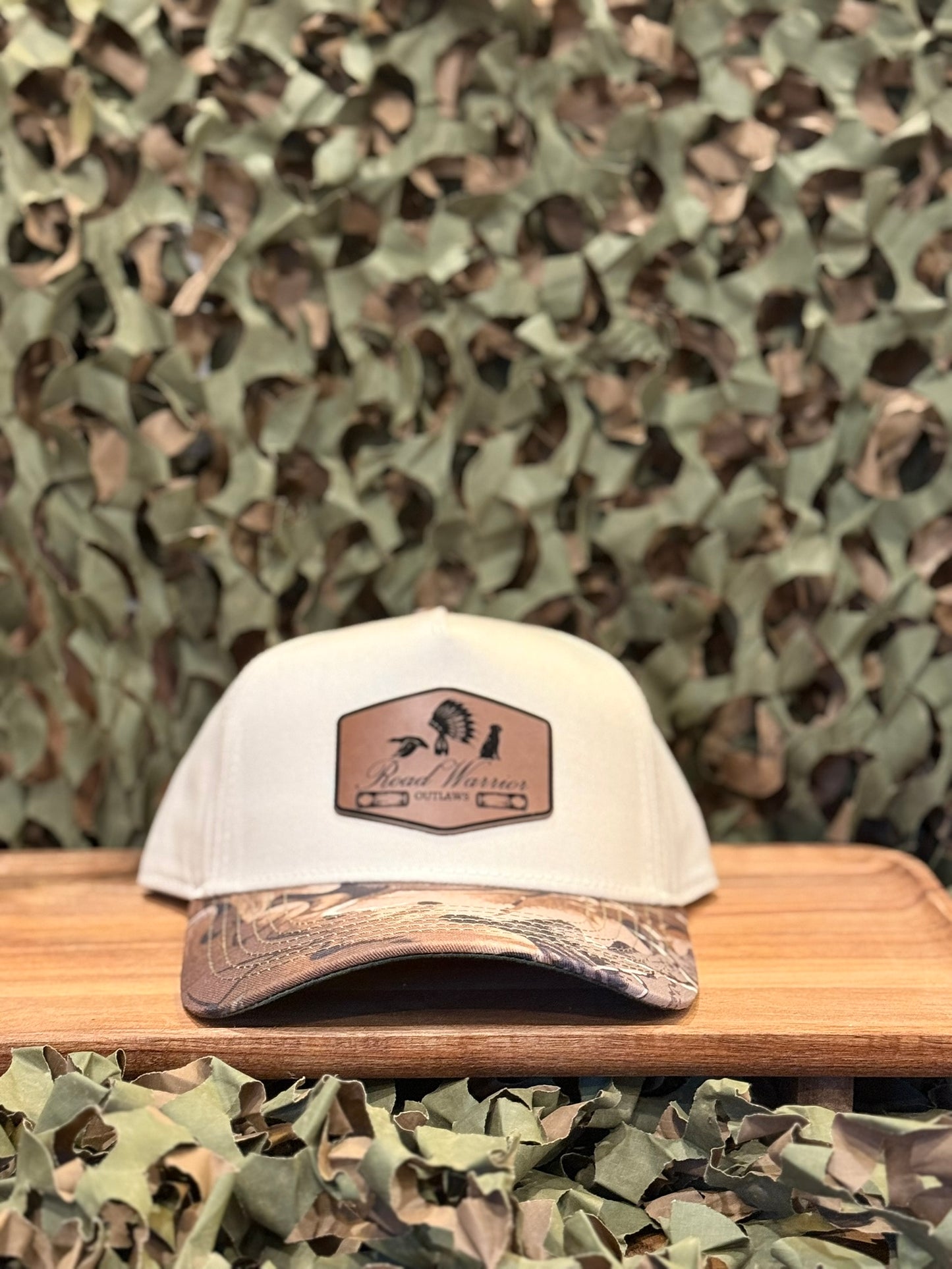 Cream and Camo Cap with Brown Patch